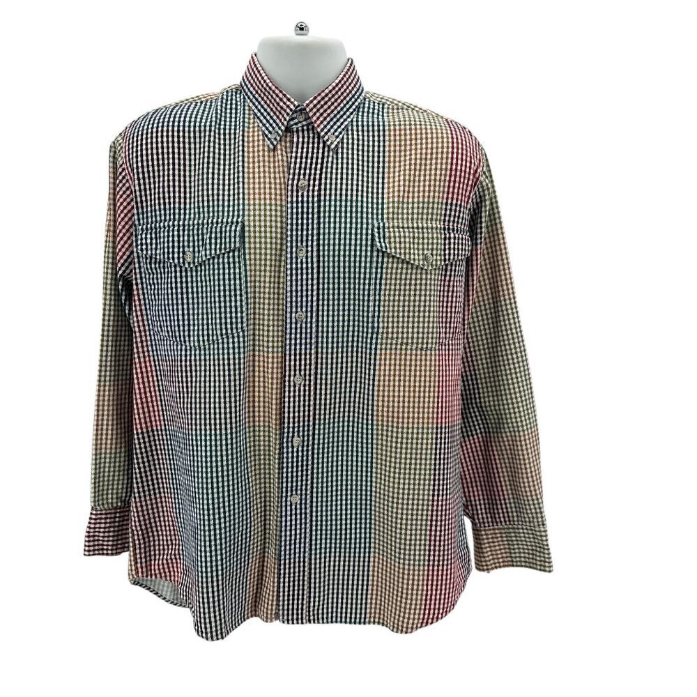 Vintage Roper Mens Large Button Shirt Rodeo Blue Western Checker Multicolor